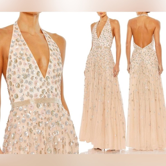 NWOT Mac Duggal 5654 Blush Pink Floral Embellished Halter Strap A Line Gown 6 - Picture 1 of 16